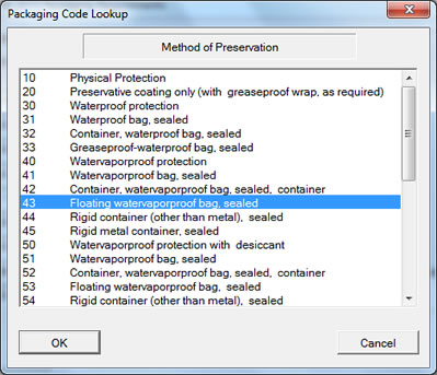 Drop-Down List of Mil-Std-2073 Packaging Codes